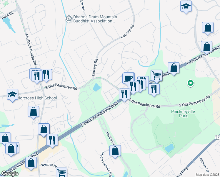 map of restaurants, bars, coffee shops, grocery stores, and more near 4979 Berkeley Oak Drive in Norcross