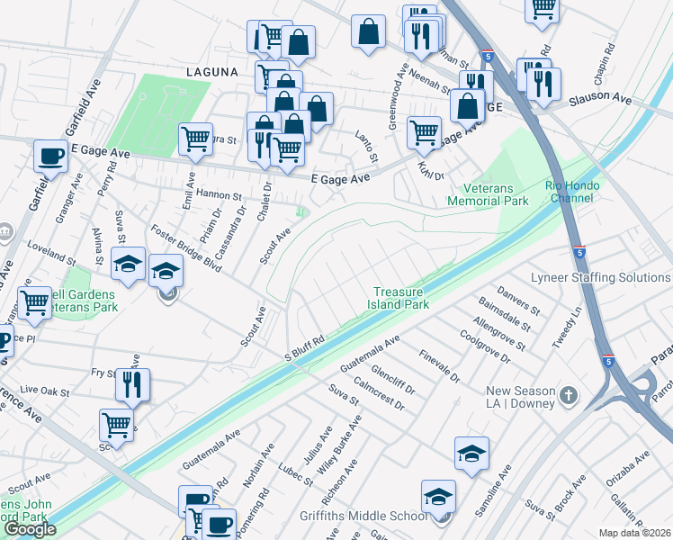 map of restaurants, bars, coffee shops, grocery stores, and more near 7221 Finevale Drive in Downey