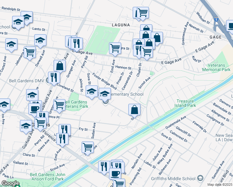 map of restaurants, bars, coffee shops, grocery stores, and more near 6750 Foster Bridge Boulevard in Bell Gardens