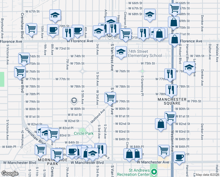 map of restaurants, bars, coffee shops, grocery stores, and more near 2206 West 78th Street in Inglewood
