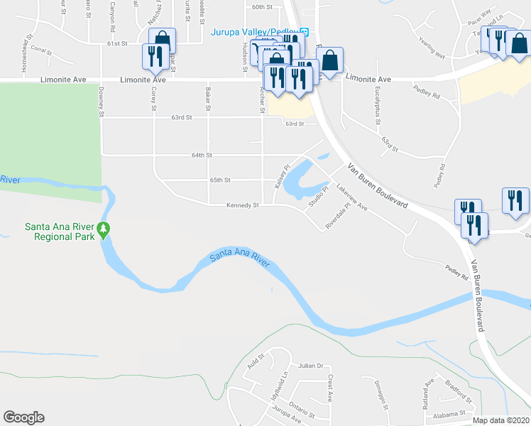 map of restaurants, bars, coffee shops, grocery stores, and more near 8902 Kennedy Street in Riverside