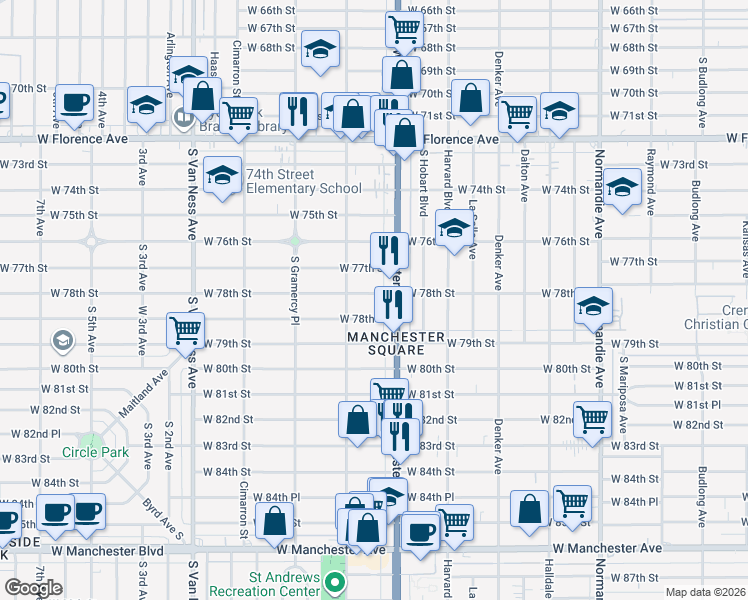map of restaurants, bars, coffee shops, grocery stores, and more near 1826 West 78th Street in Los Angeles