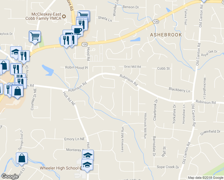 map of restaurants, bars, coffee shops, grocery stores, and more near 2630 Weddington Place Northeast in Marietta
