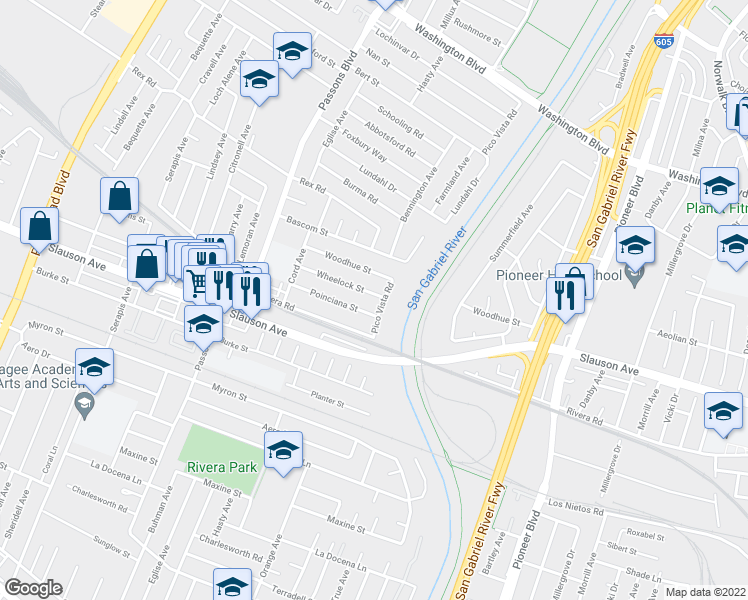 map of restaurants, bars, coffee shops, grocery stores, and more near 9652 Wheelock Street in Pico Rivera
