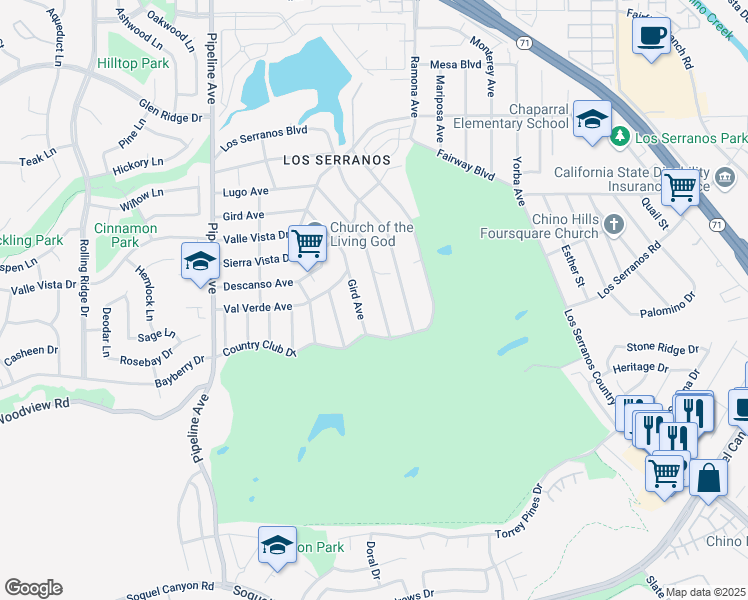 map of restaurants, bars, coffee shops, grocery stores, and more near 4449 Lugo Avenue in Chino Hills
