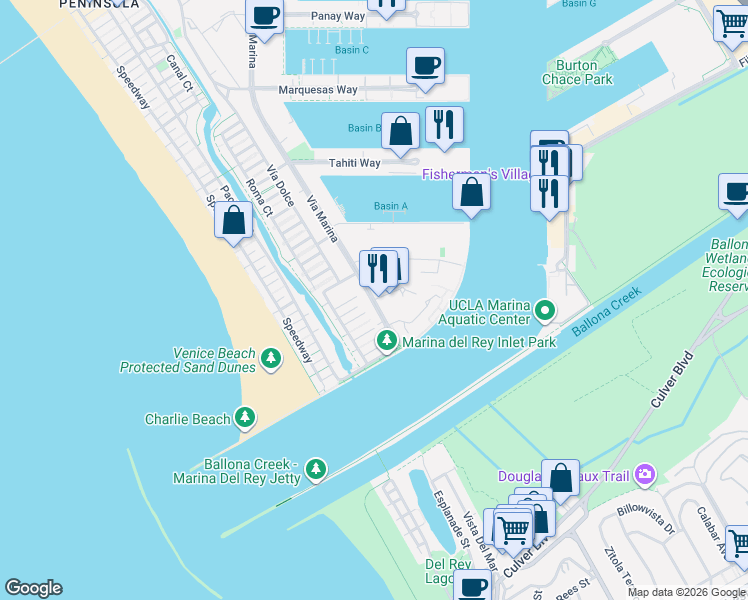 map of restaurants, bars, coffee shops, grocery stores, and more near 4600 Via Marina in Marina del Rey