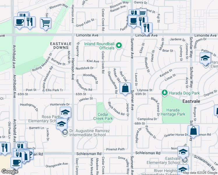 map of restaurants, bars, coffee shops, grocery stores, and more near 13566 Gray Hawk Court in Corona