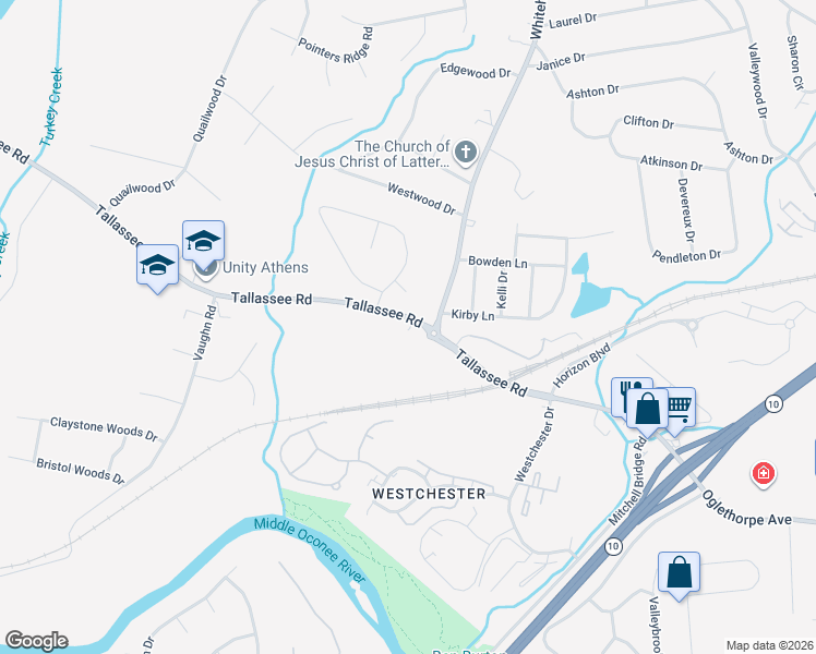 map of restaurants, bars, coffee shops, grocery stores, and more near 395 Tallassee Rd in Athens