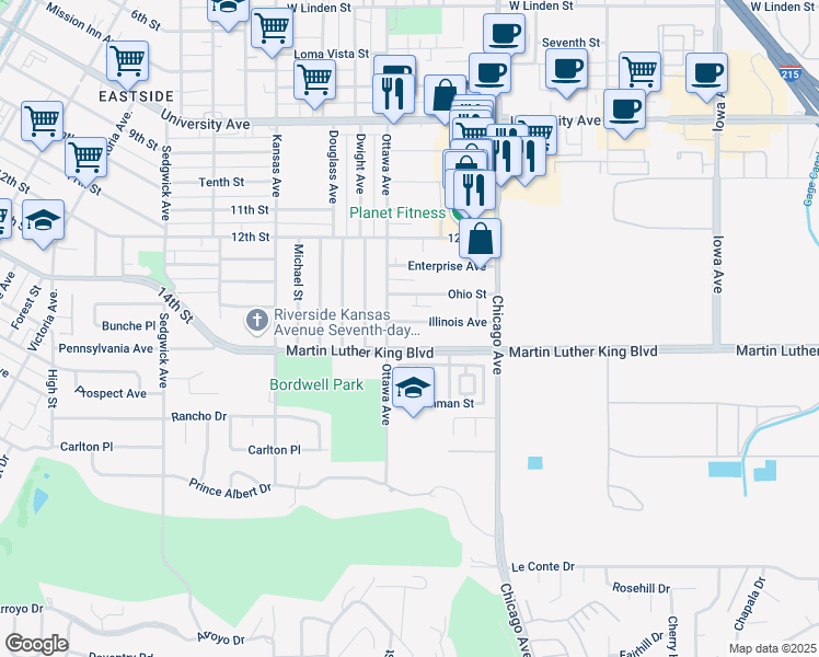 map of restaurants, bars, coffee shops, grocery stores, and more near 1884 Illinois Avenue in Riverside