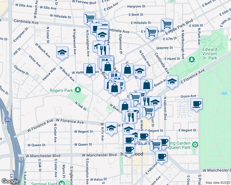 map of restaurants, bars, coffee shops, grocery stores, and more near North La Brea Avenue & East Hazel Street in Inglewood