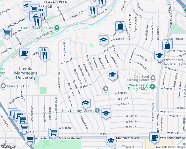 map of restaurants, bars, coffee shops, grocery stores, and more near 7916 Denrock Avenue in Los Angeles