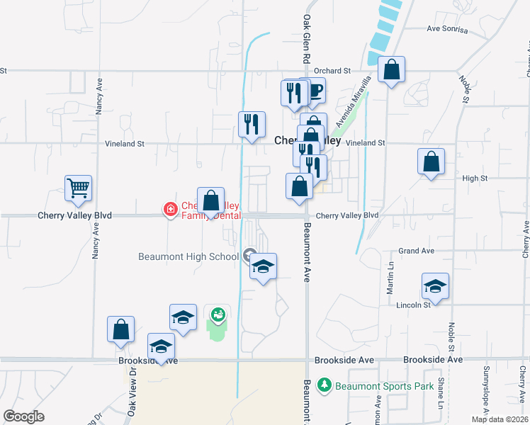 map of restaurants, bars, coffee shops, grocery stores, and more near 39060 Cherry Valley Boulevard in Cherry Valley