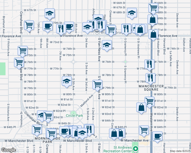 map of restaurants, bars, coffee shops, grocery stores, and more near 2216 West 78th Street in Inglewood