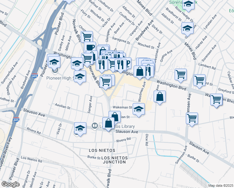 map of restaurants, bars, coffee shops, grocery stores, and more near 8204 Broadway in Whittier