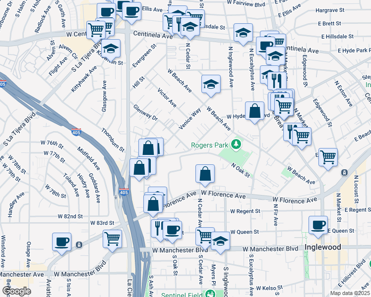 map of restaurants, bars, coffee shops, grocery stores, and more near 700 Glenway Drive in Inglewood