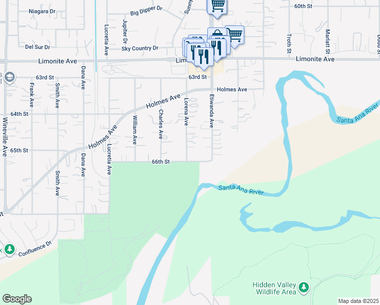 map of restaurants, bars, coffee shops, grocery stores, and more near 6576 Lorena Avenue in Jurupa Valley