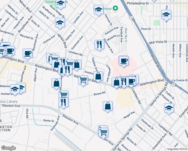 map of restaurants, bars, coffee shops, grocery stores, and more near 12052 Greyford Street in Whittier