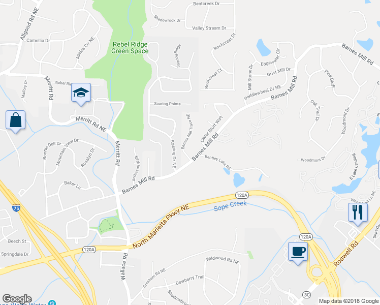 map of restaurants, bars, coffee shops, grocery stores, and more near 748 Barnes Mill Trace Northeast in Marietta