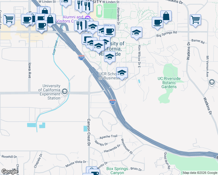 map of restaurants, bars, coffee shops, grocery stores, and more near 215 Martin Luther King Boulevard in Riverside