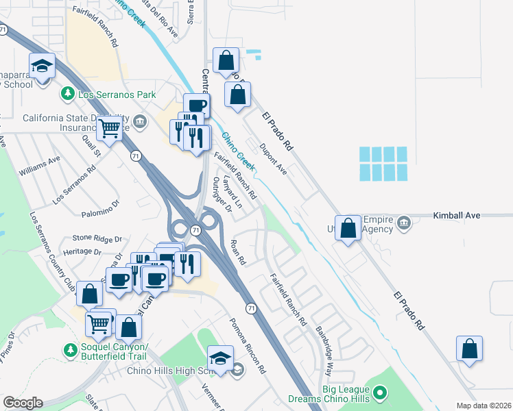 map of restaurants, bars, coffee shops, grocery stores, and more near 15653 Timberidge Lane in Chino Hills