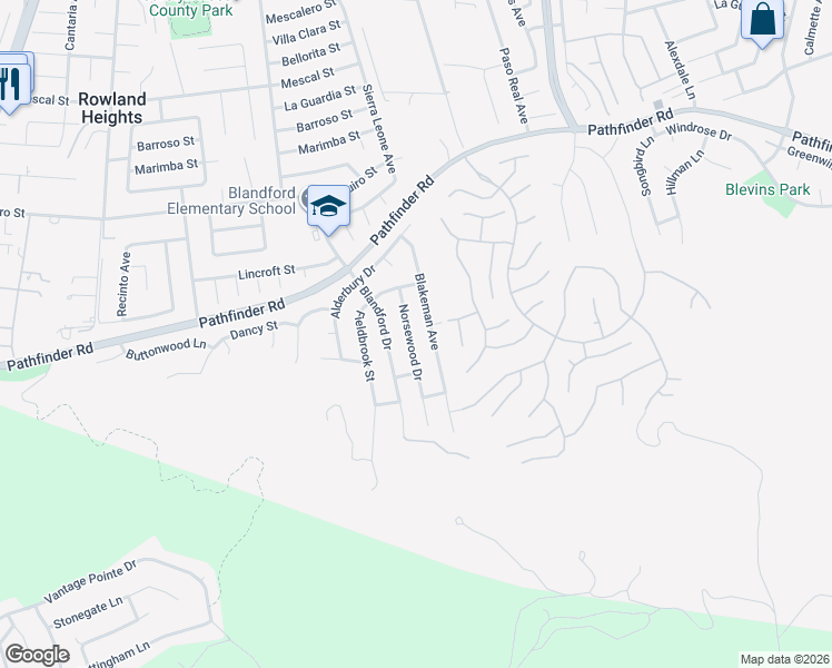 map of restaurants, bars, coffee shops, grocery stores, and more near 2909 Norsewood Drive in Rowland Heights