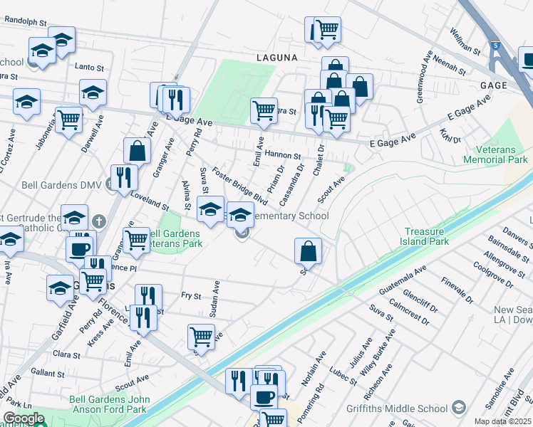 map of restaurants, bars, coffee shops, grocery stores, and more near 6750 Foster Bridge Boulevard in Bell Gardens