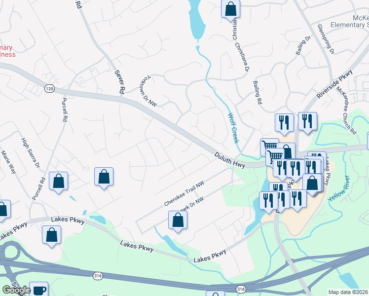 map of restaurants, bars, coffee shops, grocery stores, and more near 1231 Della Way in Lawrenceville
