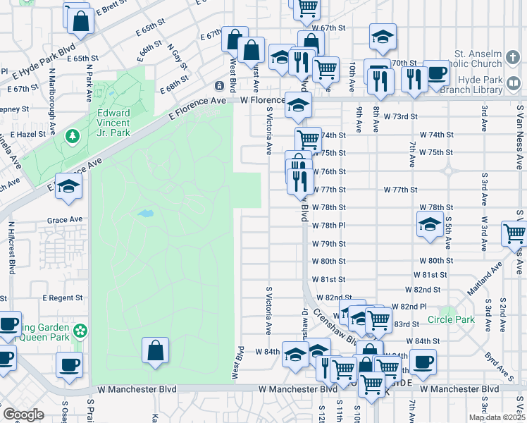 map of restaurants, bars, coffee shops, grocery stores, and more near 3505 West 78th Street in Inglewood