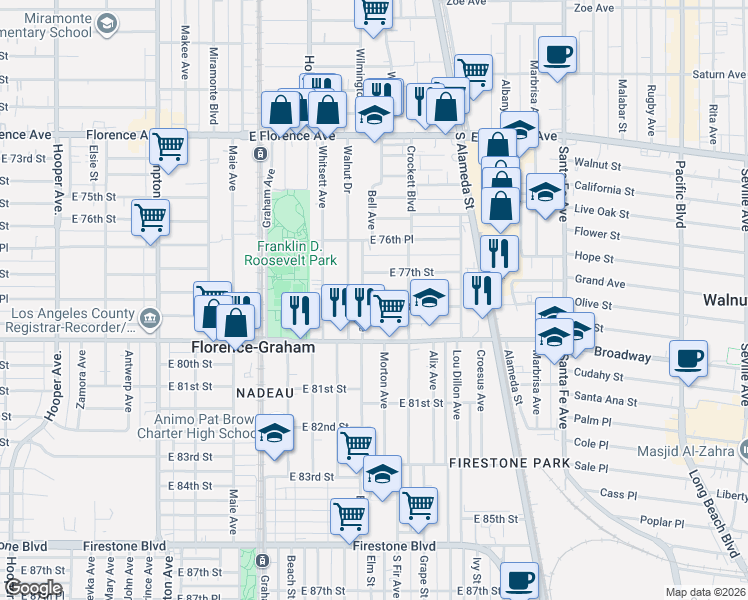 map of restaurants, bars, coffee shops, grocery stores, and more near 1915 East 78th Street in Los Angeles