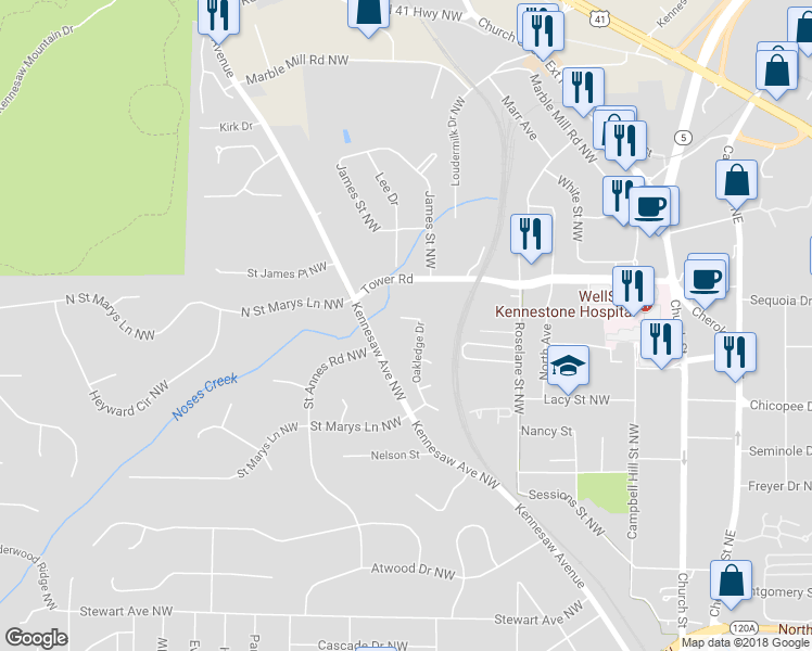 map of restaurants, bars, coffee shops, grocery stores, and more near 671 Oakledge Drive in Marietta
