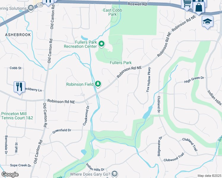 map of restaurants, bars, coffee shops, grocery stores, and more near 3400 Robinson Road in Marietta
