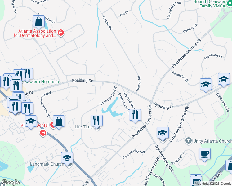 map of restaurants, bars, coffee shops, grocery stores, and more near 6026 Courtside Drive Northwest in Norcross