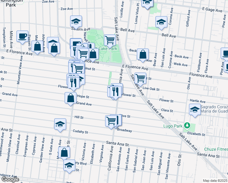 map of restaurants, bars, coffee shops, grocery stores, and more near 3467 Flower Street in Huntington Park