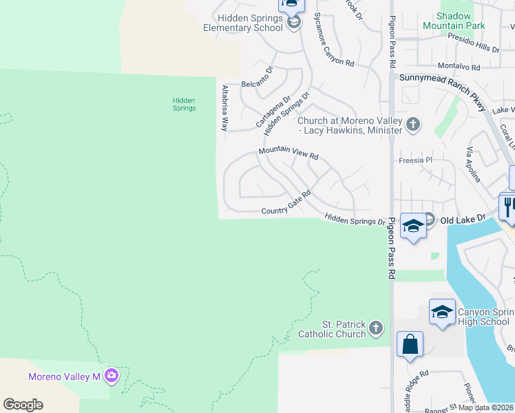 map of restaurants, bars, coffee shops, grocery stores, and more near 22500 Country Gate Road in Moreno Valley