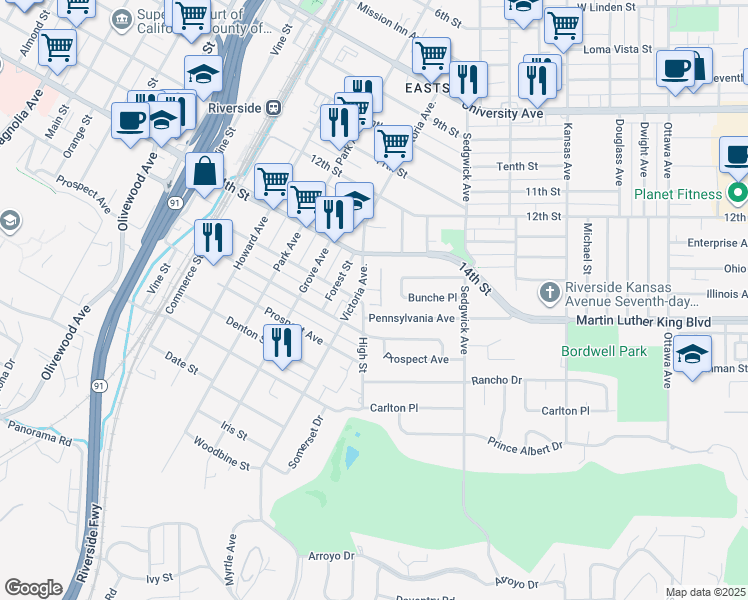 map of restaurants, bars, coffee shops, grocery stores, and more near in Riverside