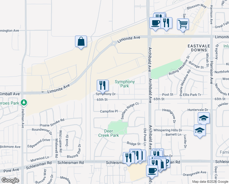 map of restaurants, bars, coffee shops, grocery stores, and more near 6571 Crescendo Court in Corona