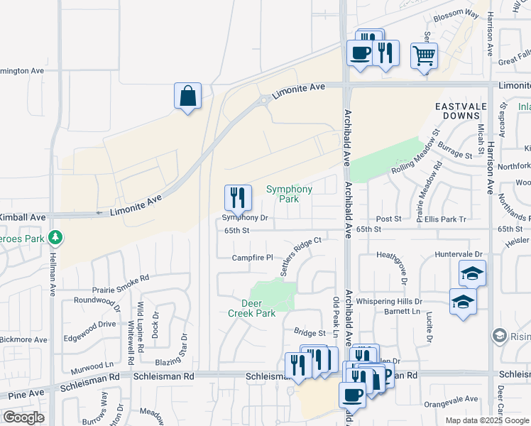 map of restaurants, bars, coffee shops, grocery stores, and more near 6571 Crescendo Court in Corona