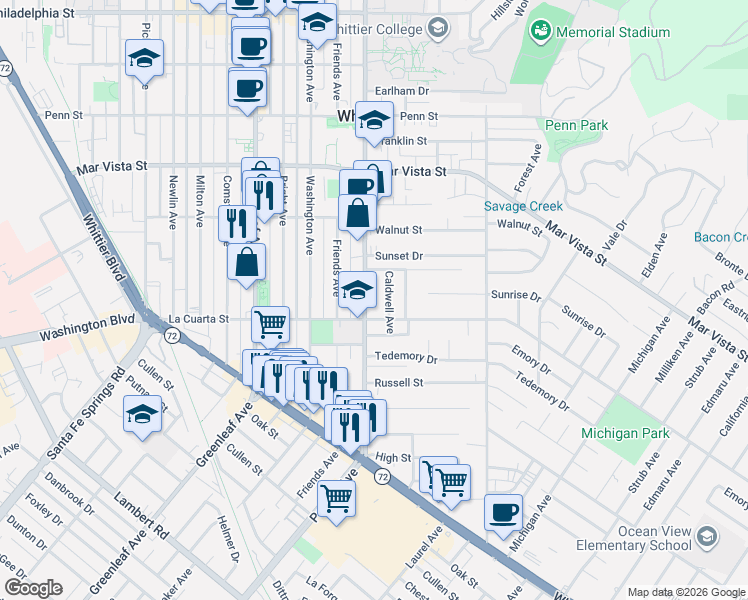 map of restaurants, bars, coffee shops, grocery stores, and more near 7931 Caldwell Avenue in Whittier