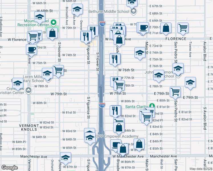 map of restaurants, bars, coffee shops, grocery stores, and more near 335 1/2 West 78th Street in Los Angeles
