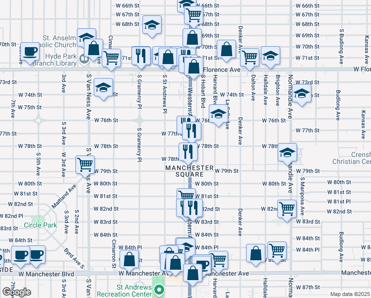 map of restaurants, bars, coffee shops, grocery stores, and more near 1804 West 78th Street in Los Angeles
