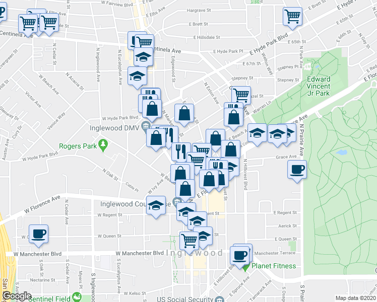 map of restaurants, bars, coffee shops, grocery stores, and more near 217 East Ivy Avenue in Inglewood