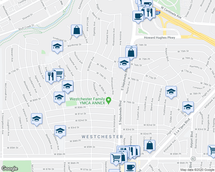 map of restaurants, bars, coffee shops, grocery stores, and more near 6340 West 79th Street in Los Angeles