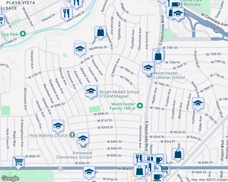 map of restaurants, bars, coffee shops, grocery stores, and more near 8013 El Manor Avenue in Los Angeles