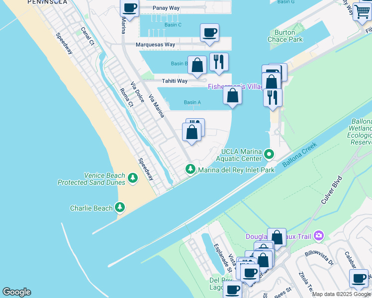 map of restaurants, bars, coffee shops, grocery stores, and more near 1400 Captains Row in Marina del Rey