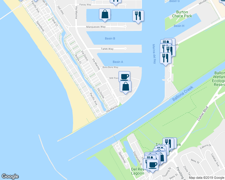 map of restaurants, bars, coffee shops, grocery stores, and more near 1400 Captains Row in Marina del Rey