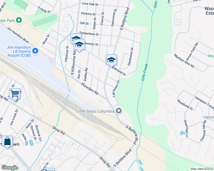 map of restaurants, bars, coffee shops, grocery stores, and more near 4103 Lantana Drive in Columbia