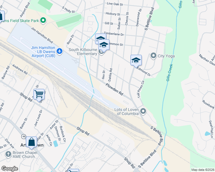 map of restaurants, bars, coffee shops, grocery stores, and more near 3800 Plowden Road in Columbia