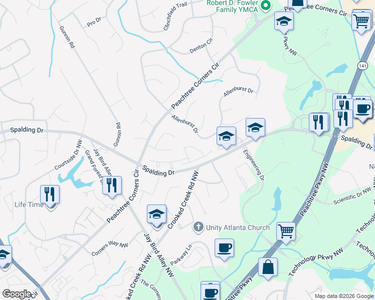 map of restaurants, bars, coffee shops, grocery stores, and more near 3745 Spalding Park Drive Northwest in Norcross