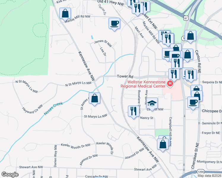 map of restaurants, bars, coffee shops, grocery stores, and more near 671 Oakledge Drive in Marietta