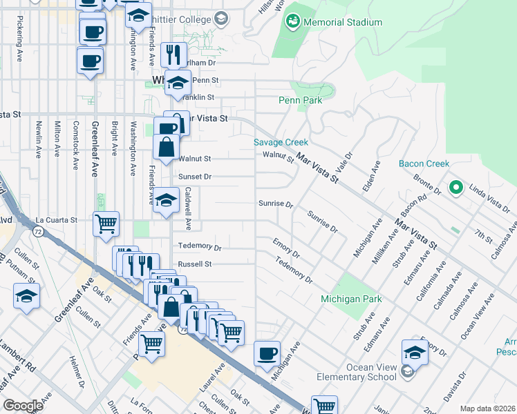 map of restaurants, bars, coffee shops, grocery stores, and more near 13802 Sunrise Drive in Whittier